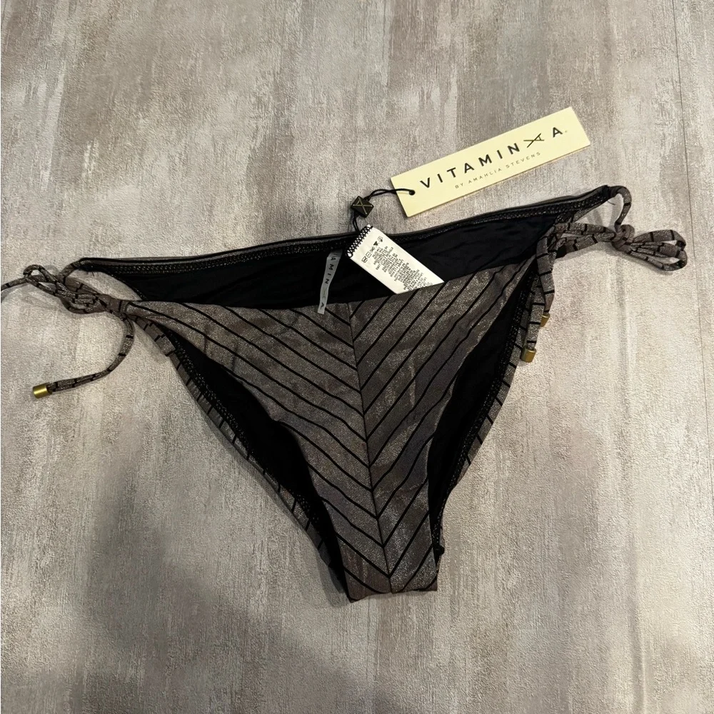 VITAMIN A ADJUSTABLE‎ TIE SIDE CHEEKY BIKINI BOTTOM Shimmer Metallic Stripe L/10